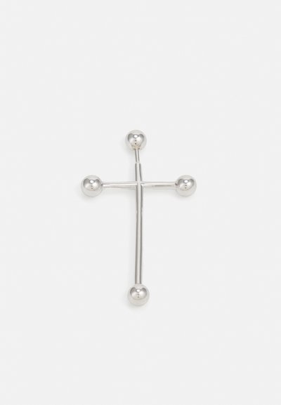 Silberner Metallkreuzanhänger mit einem minimalistischen Design und glatten, sphärischen Akzenten an jedem Ende der Arme.