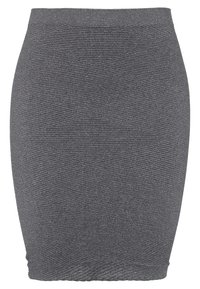Šedá pletená tužková sukně s ribovanou texturou. Hladký pas a délka po kolena, s jemným vodorovným pruhovaným vzorem.