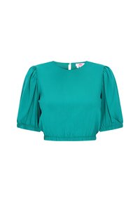 Turkise cropped bluse med korte puffærmer, rund halsudskæring og elastisk kant. Glat stof med en skjult lynlåslukning i ryggen.