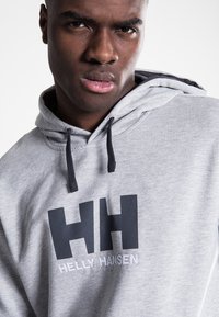 Sudadera gris hecha de un tejido suave, con un gran logo negro "HH" y el texto "Helly Hansen" en blanco. Incluye cordones en el cuello.