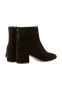 Black suede ankle boots with a round toe and a block heel, featuring a smooth texture and a back zipper closure.