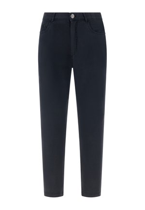 Dunkelblaue, gerade geschnittene Hose mit Vorder- taschen, Gürtelschlaufen und Knopfverschluss.