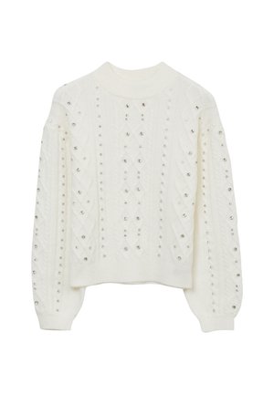 Maglione bianco lavorato a maglia con design a trecce, impreziosito da borchie argentate, colletto alto e polsini a costine. Tessuto morbido e lunghezza cropped.