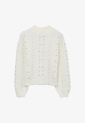 Maglione bianco lavorato a maglia con design a trecce, impreziosito da borchie argentate, colletto alto e polsini a costine. Tessuto morbido e lunghezza cropped.