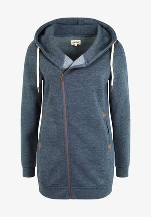 Felpa con zip blu realizzata in tessuto morbido; presenta un ampio cappuccio, due tasche laterali, una cerniera marrone a contrasto e dettagli in pelle.