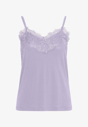 Lavendel camisole met kantafwerking bij de halslijn. Voorzien van dunne bandjes en een zachte textuur. Rechte snit, zonder zichtbare patronen.