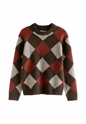 Pulover tricotat cu decolteu rotund ribbed, având un model geometric cu diamante în nuanțe de brun, bej și roșu închis. Textură moale cu o croială lejeră.