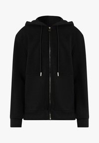 Felpa con cappuccio nera in pile, con cerniera frontale, cappuccio con coulisse, due tasche frontali e polsini e orlo a costine. Design semplice.