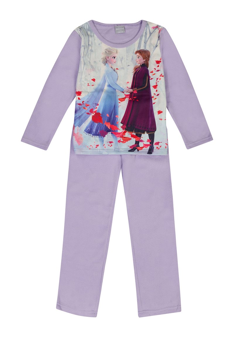 Conjunto de pijama morado con mangas largas y pantalones. La parte superior muestra un gráfico colorido de dos personajes femeninos entre hojas rojas. Textura de tela suave.