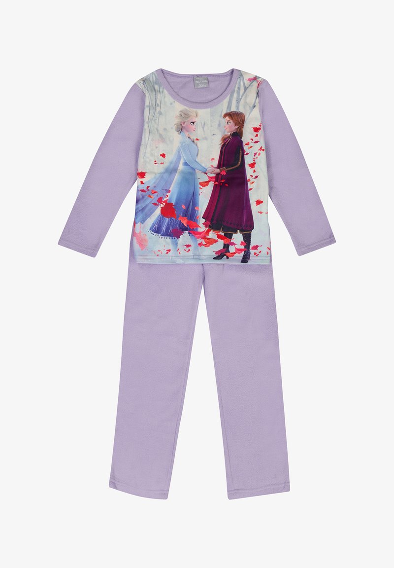 Ensemble de pyjama violet comprenant un haut à manches longues et un pantalon. Le haut présente un graphique coloré de deux personnages féminins au milieu de feuilles rouges. Texture de tissu douce.
