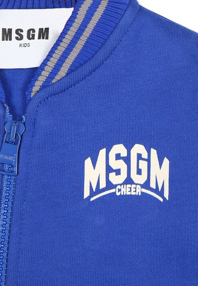 Giacca blu con zip, colletto a costine e strisce grigie. Presenta la scritta "MSGM CHEER" in grassetto bianco. Realizzata in un tessuto testurizzato.