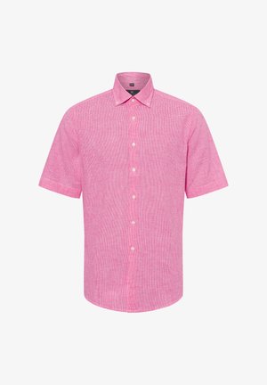 Kurzarmhemd in sanftem Rosa mit strukturiertem Muster, Knopfdown-Kragen und vorderer Knopfleiste. Aus Baumwollmaterial mit lockerem Schnitt.