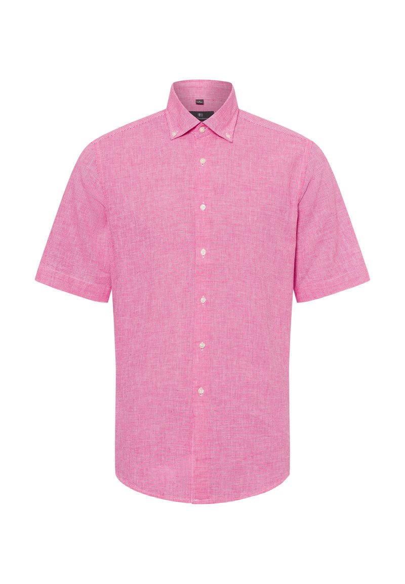 Kurzarmhemd in sanftem Rosa mit strukturiertem Muster, Knopfdown-Kragen und vorderer Knopfleiste. Aus Baumwollmaterial mit lockerem Schnitt.