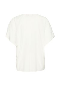 Blusa bianca a maniche corte con vestibilità ampia e semplice scollatura rotonda, mostrata da dietro su uno sfondo bianco.