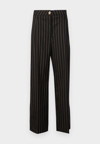 Black high-waisted trousers with orange vertical stripes, a straight cut, and a decorative fabric-covered button at the waistband.