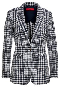 Blazer pour femme à un bouton avec motif écossais pied-de-poule bleu marine et blanc, col cranté, et deux poches avant à rabat.