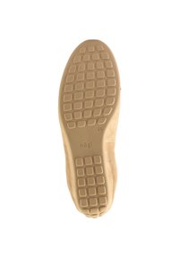 Semelle de chaussure beige clair avec un fond en caoutchouc texturé comportant des motifs rectangulaires et carrés, marqué "hög !" et taille 41/2.