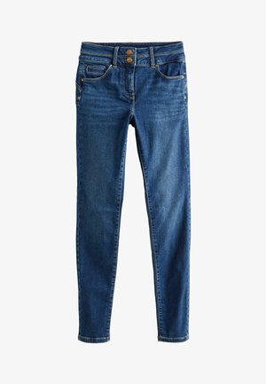 Skinny jeans van donkerblauwe denim, met een hoge taille, dubbele knoopsluiting en een vijf-pocketontwerp met subtiele stikselaccenten.