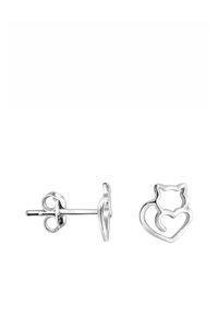 Silver kattformade studs med en ihålig hjärtform. Har en slät yta och en bakstycke som säkerställer en trygg användning.