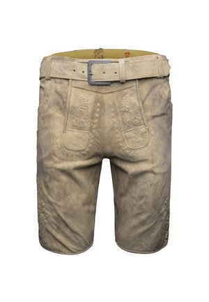 Perinteiset vaaleanbeige nahkaiset polvipituiset lederhosen-shortsit, joissa on koristeompelua, eturuusu ja nappikoristeet sivuhihnoissa.