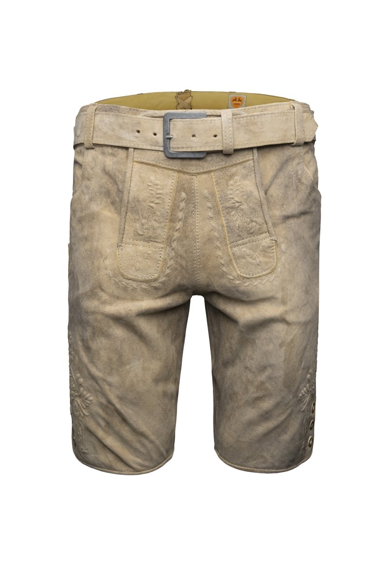 Perinteiset vaaleanbeige nahkaiset polvipituiset lederhosen-shortsit, joissa on koristeompelua, eturuusu ja nappikoristeet sivuhihnoissa.