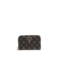 Portafoglio nero con motivo geometrico oro, chiusura con zip e dettaglio in metallo. Realizzato in materiale sintetico con una superficie morbida.