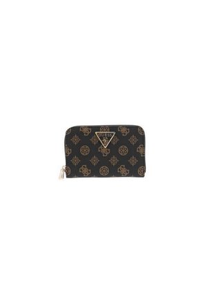 Portafoglio nero con motivo geometrico oro, chiusura con zip e dettaglio in metallo. Realizzato in materiale sintetico con una superficie morbida.