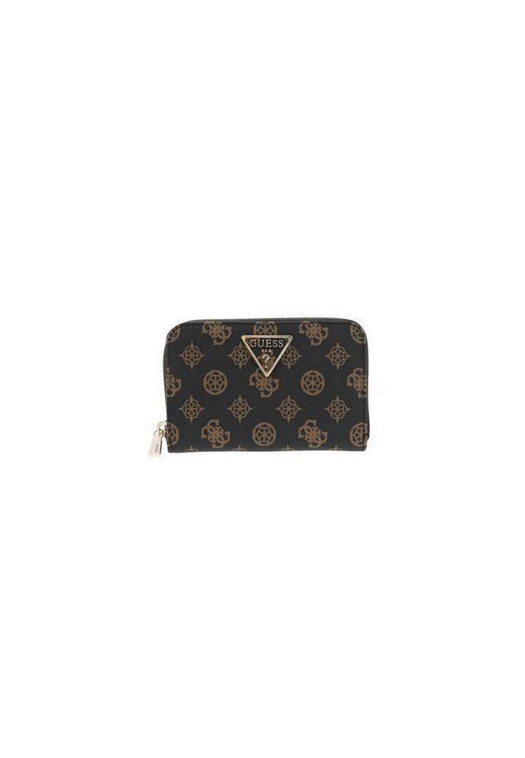 Portafoglio nero con motivo geometrico oro, chiusura con zip e dettaglio in metallo. Realizzato in materiale sintetico con una superficie morbida.