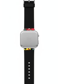 Cassa dell'orologio quadrata in argento con finitura opaca; cinturino in gomma nera con un accento colorato a motivo e fibbia regolabile.