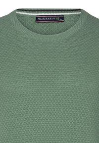 Maglione lavorato a maglia verde chiaro con un motivo a nido d'ape, scollatura rotonda e colletto a righe in bianco e verde scuro. Etichetta del marchio visibile.