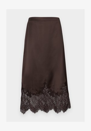 Pruun satiin seelik, millel on lainelise äärega pits, millel on peened mustrid. Sile tekstuur, sirge lõige ja elastne vöökoht.