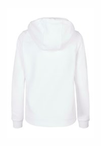 Sudadera blanca de color sólido, con un gran bolsillo trasero, capucha con cordón y puños y dobladillo acanalados. Material suave y liso.