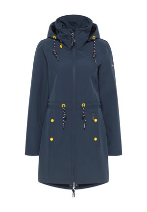 Imperméable à capuche bleu marine avec fermeture éclair devant, cordons réglables avec perles et boutons jaunes sur les poches et la capuche.
