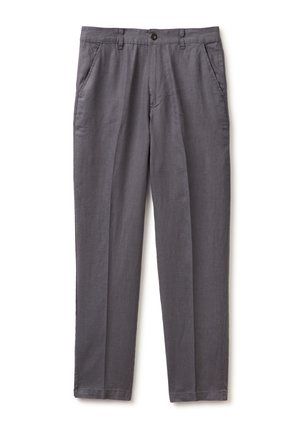 Graue Hose mit geradem Bein, Vordertaschen, Gürtelschlaufen und Knopfverschluss in der Taille, dargestellt auf weißem Hintergrund.