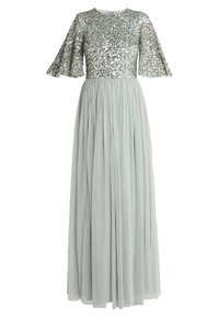 Lång aftonklänning med en åtsittande bodice i paljetter, fladdrande ärmar och en flödig, ljusgrön tylskjol. Slät textur och elegant silhuett.