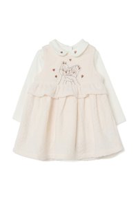 Cremefarbenes Baby-Kleid mit langen Ärmeln, Peter-Pan-Kragen und bestickten, umarmenden Eichhörnchenfiguren mit kleinen Herzen.