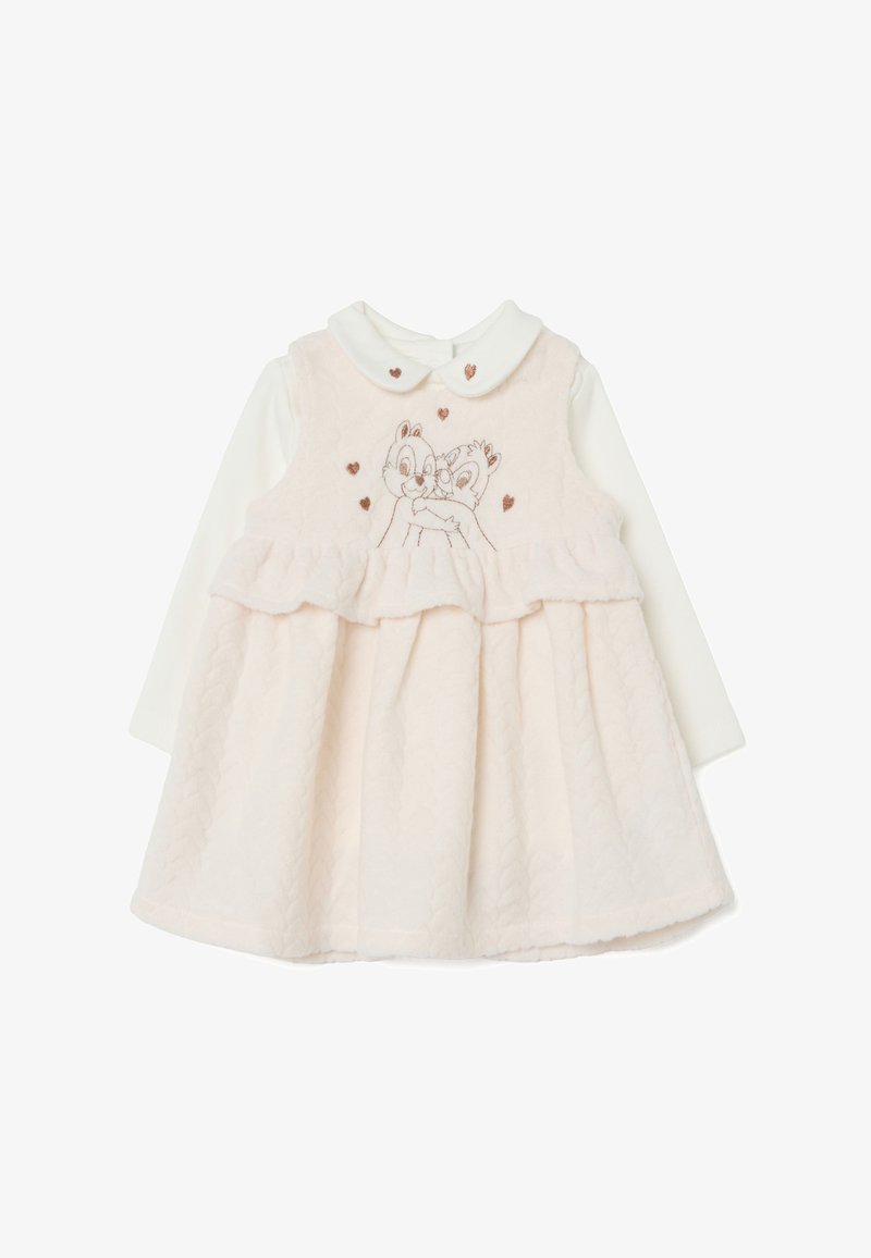 Cremefarbenes Baby-Kleid mit langen Ärmeln, Peter-Pan-Kragen und bestickten, umarmenden Eichhörnchenfiguren mit kleinen Herzen.