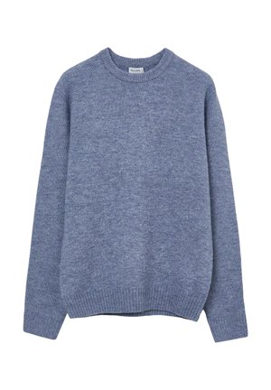 Maglione blu lavorato a maglia con scollatura rotonda, maniche lunghe e polsini e orlo a costine. Texture morbida con un sottile motivo melange.