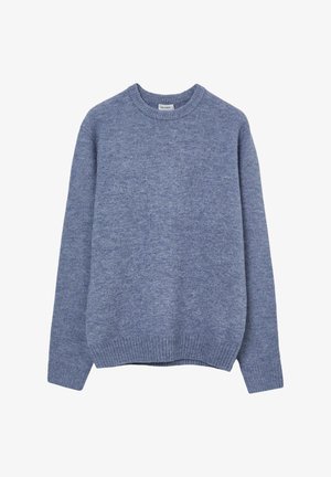 Blauer Strickpullover mit Rundhalsausschnitt, langen Ärmeln und gerippten Bündchen und Saum. Weiche Textur mit einem subtilen melierten Muster.