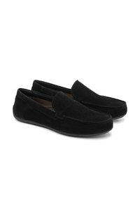 Chaussures noires en daim à enfiler avec un bout arrondi et des détails cousus. Elles présentent une semelle plate en caoutchouc et un intérieur doux pour un confort optimal.