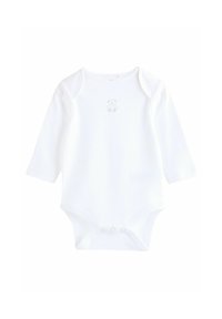 Bodysuit pour bébé à manches longues en coton doux, de couleur blanche, avec une petite broderie d'ours en peluche bleue sur la poitrine et une fermeture pressionnée à l'entrejambe.