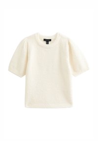 Crèmekleurige top met korte mouwen van gestructureerde stof, voorzien van een ronde halslijn en pofmouwen. Label zichtbaar aan de binnenzijde.