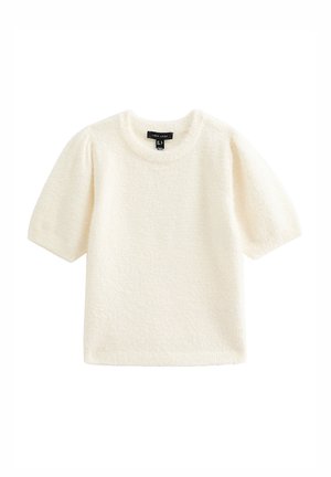 Kurzärmeliges Oberteil in Cremefarbe aus strukturiertem Stoff mit rundem Ausschnitt und Puffärmeln. Etikett innen sichtbar.