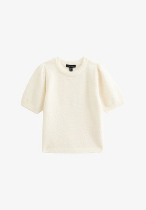 Kurzärmeliges Oberteil in Cremefarbe aus strukturiertem Stoff mit rundem Ausschnitt und Puffärmeln. Etikett innen sichtbar.
