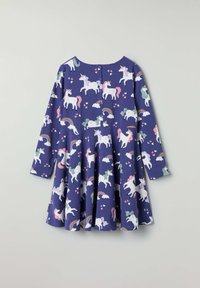 Tummansininen mekko pitkillä hihoilla, jossa on yksisarvis- ja sateenkaari kuvio. Pehmeä kangas, jossa on levenevä hame ja nappisuljenta takana.