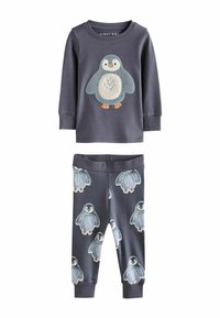 Grey pajama set featuring a long-sleeve top with a penguin appliqué and matching pants with repeated penguin print. Soft cotton material.