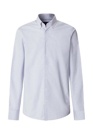 Muška košulja s dugim rukavima na kopčanje s plavo-bijelim kockastim uzorkom i okovratnikom na kopčanje.
