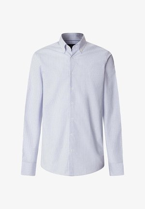 Herenoverhemd met lange mouwen, blauw-wit geruit patroon en een kraag met knopen.