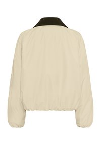 Veste bomber beige avec ourlet et poignets élastiques, dotée d'un col en velours côtelé marron foncé contrastant, vue de l'arrière.