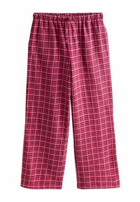 Sarkanas rūtainas pidžamas bikses ar elastīgu jostu, kas rotātas ar šaha spēles rakstu no tumšiem un gaišiem kvadrātiem, izgatavotas no mīkstas auduma.